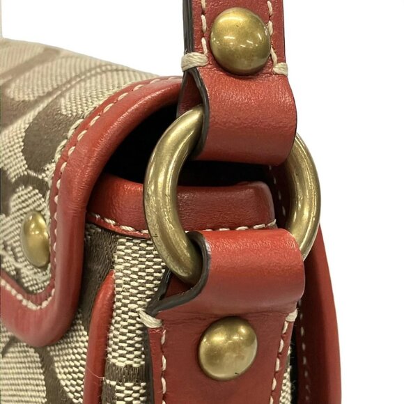 Auth COACH Signature Cricket Shoulder Bag 10566S Khaki Red Jacquard Leather - Picture 10 of 16